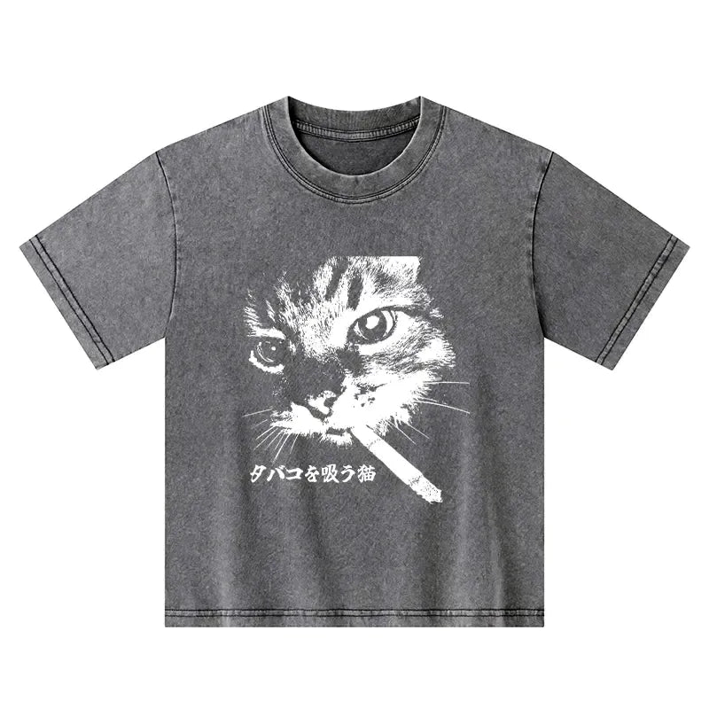 Kyoto-Lion Retro Cat Smoking Kids Washed T-Shirt