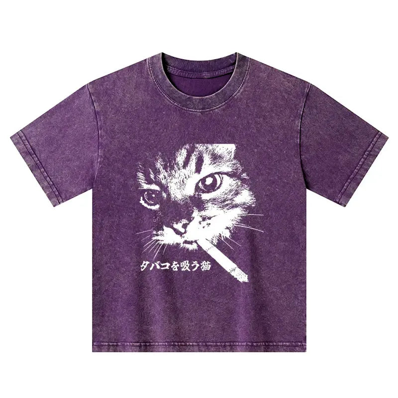 Kyoto-Lion Retro Cat Smoking Kids Washed T-Shirt