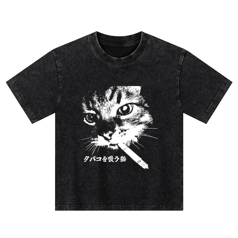 Trendy Washed Cat T-Shirt for Daily Wear