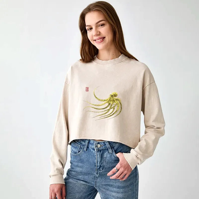 Kyoto-Lion Retro Octopus Japanese Washed Crop Sweatshirt