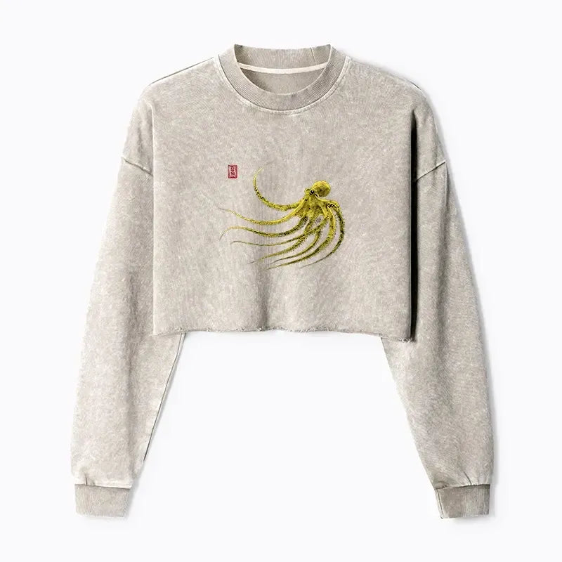 Kyoto-Lion Retro Octopus Japanese Washed Crop Sweatshirt
