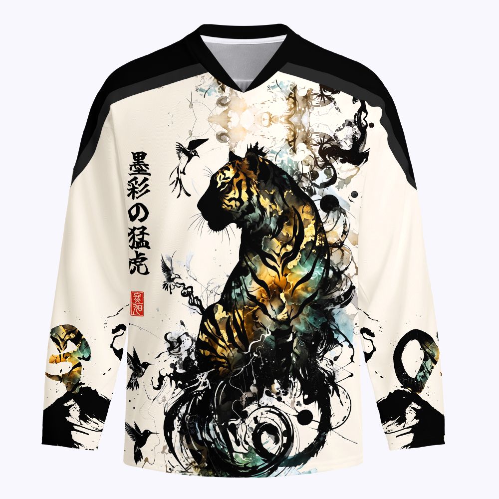 Kyoto-Lion Golden Tiger And Soaring Birds Long-Sleeve Hockey Jersey