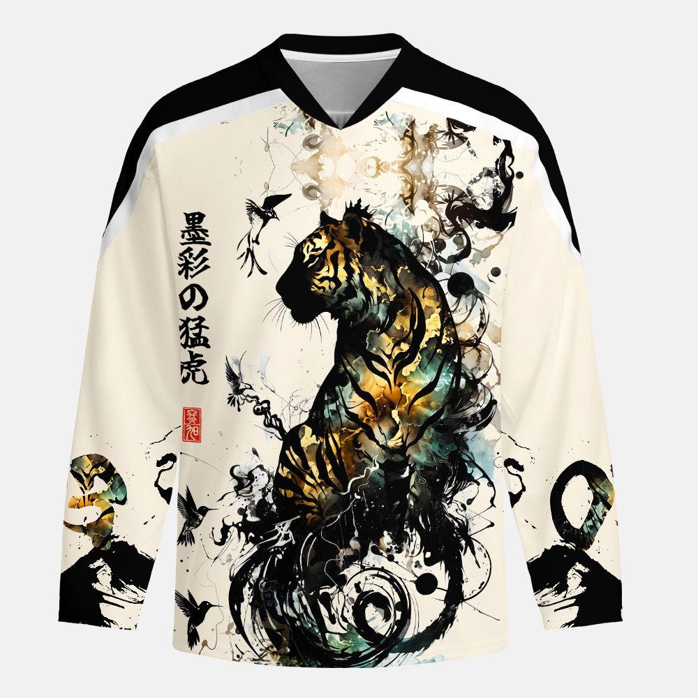 Kyoto-Lion Golden Tiger And Soaring Birds Long-Sleeve Hockey Jersey