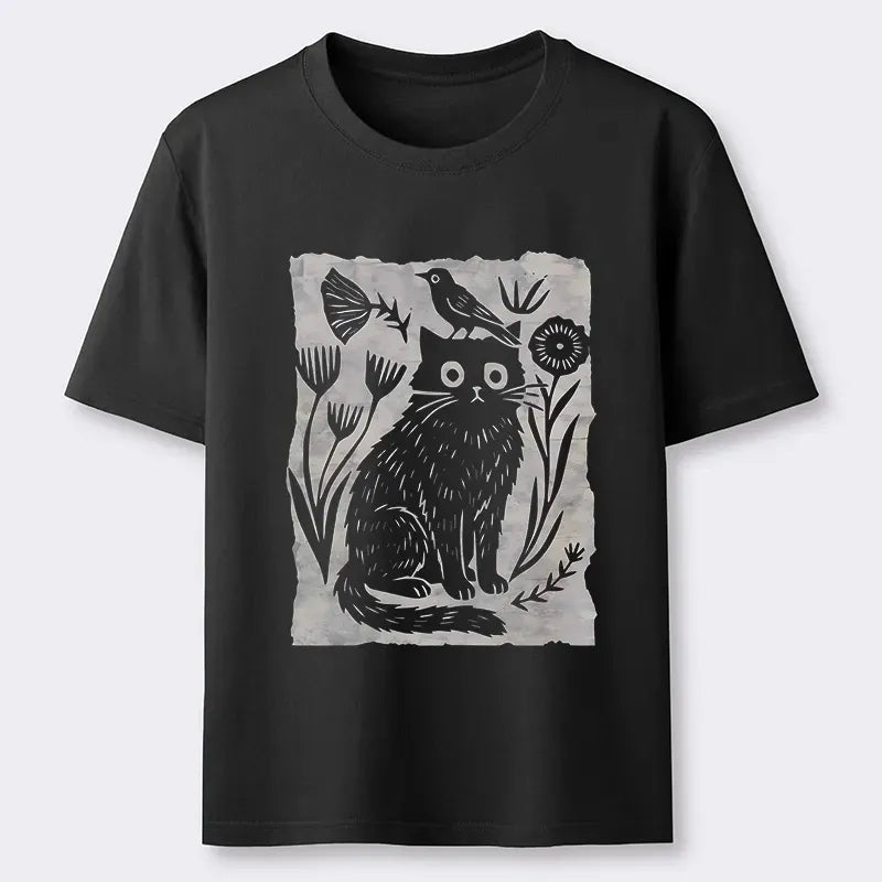 Japanese Cat Bird Floral Art T-Shirt