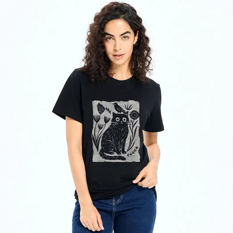 Japanese Cat Bird Floral Art T-Shirt