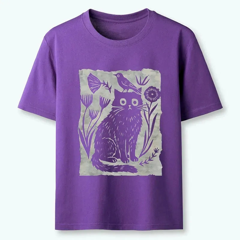 Japanese Cat Bird Floral Art T-Shirt