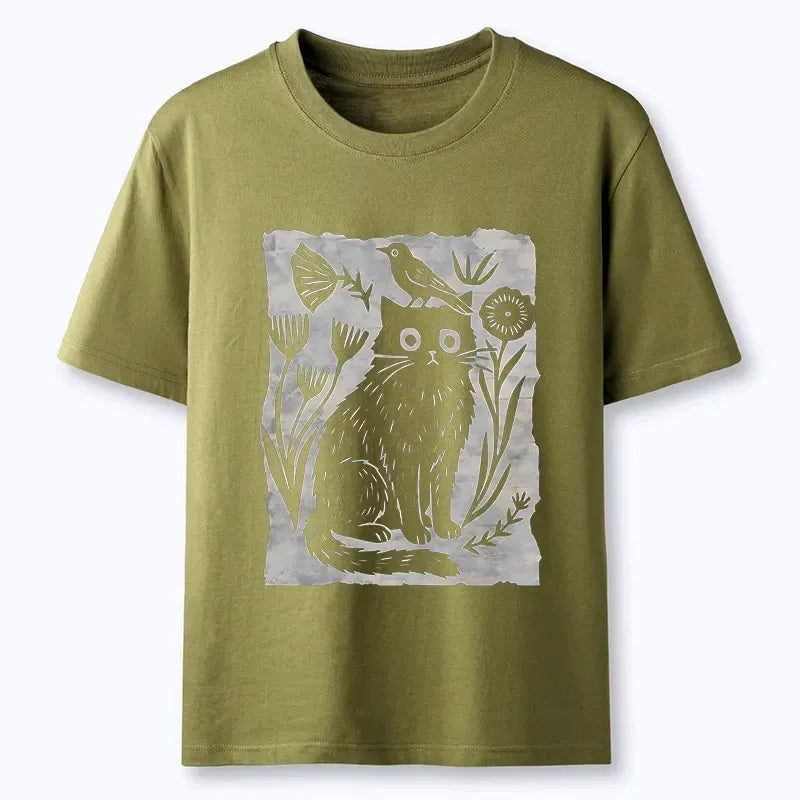 Japanese Cat Bird Floral Art T-Shirt