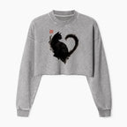Kyoto-Lion Funny Heart-Shaped Ink Cat Washed Crop Sweatshirt
