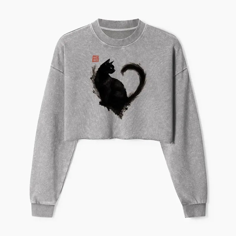 Kyoto-Lion Funny Heart-Shaped Ink Cat Washed Crop Sweatshirt