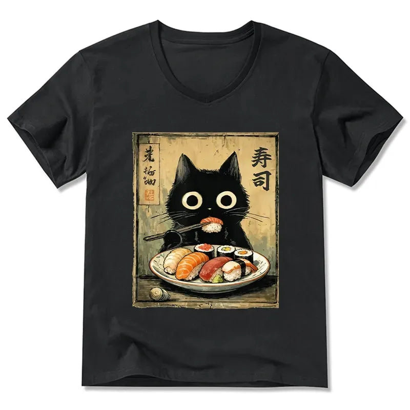 Kyoto-Lion Vintage Japanese Sushi Cat V-Neck Classic T-Shirt