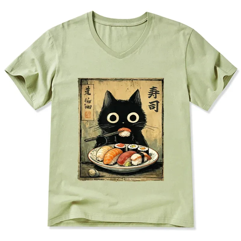 Kyoto-Lion Vintage Japanese Sushi Cat V-Neck Classic T-Shirt