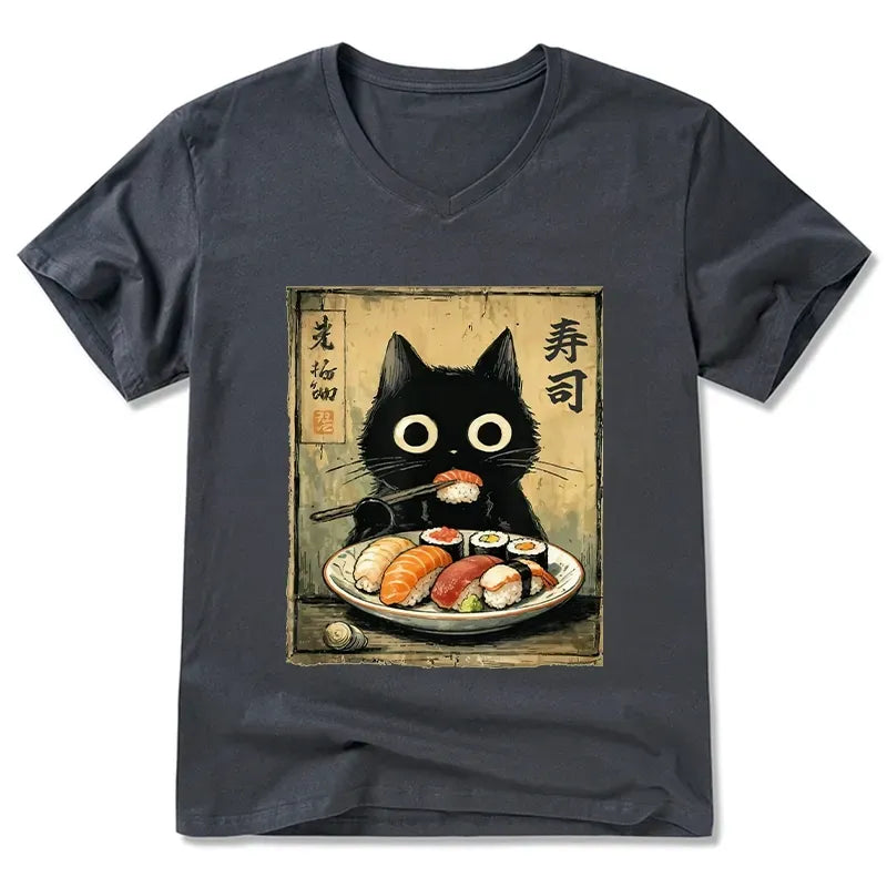Unisex V-Neck T-Shirt with Japanese Sushi Cat