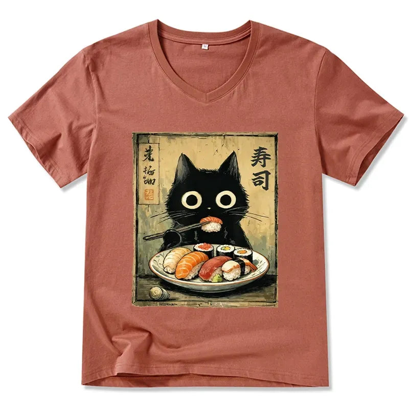Unisex V-Neck T-Shirt with Japanese Sushi Cat