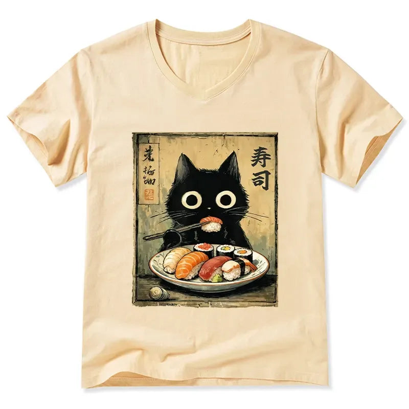 Kyoto-Lion Vintage Japanese Sushi Cat V-Neck Classic T-Shirt