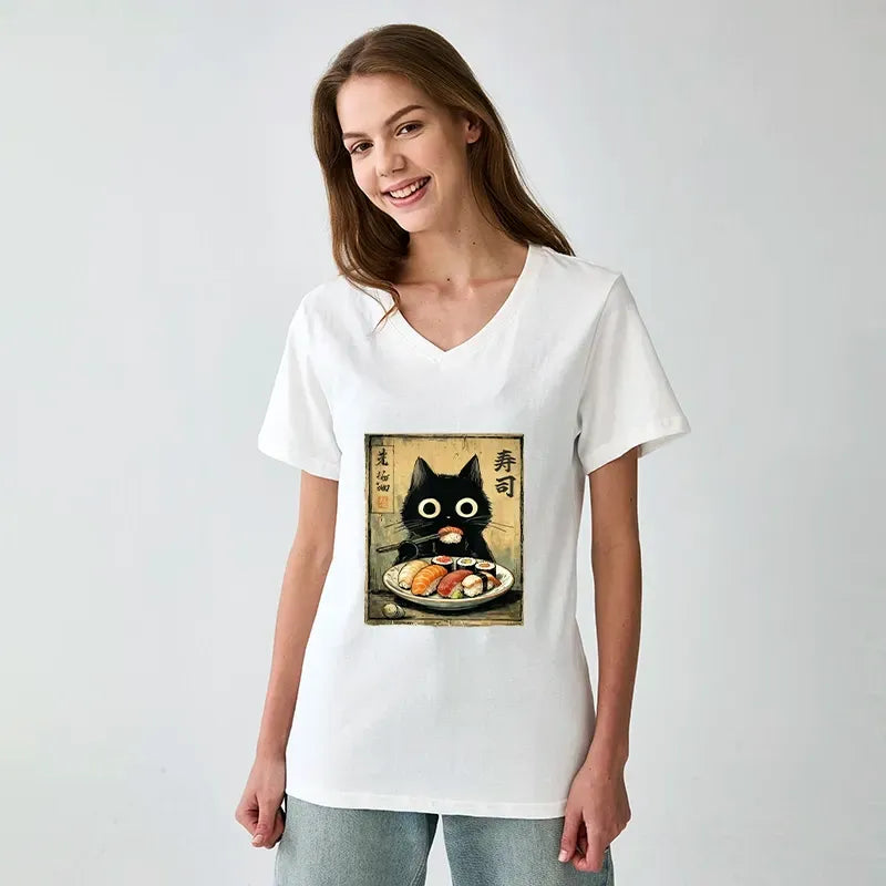 Vintage Japanese Sushi Cat V-Neck T-Shirt