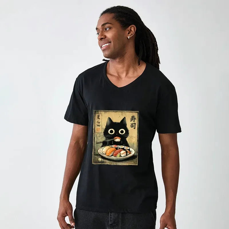 Vintage Japanese Sushi Cat V-Neck T-Shirt