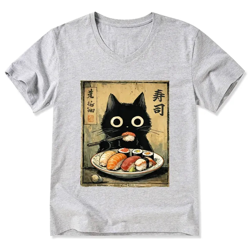 Vintage Japanese Sushi Cat V-Neck T-Shirt