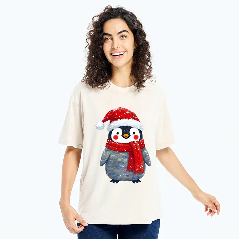 Kyoto-Lion Cute Christmas Penguin Meme Washed T-Shirt