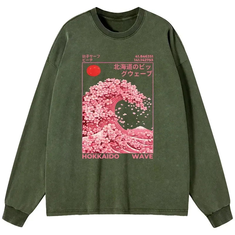 Kyoto-Lion Sakura Wave Washed Long Sleeve T-Shirt