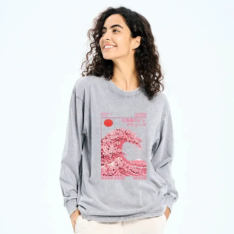 Kyoto-Lion Sakura Wave Washed Long Sleeve T-Shirt