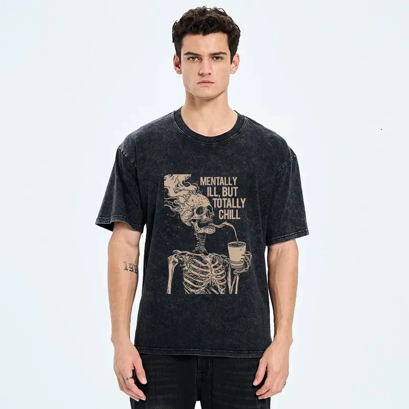 Funny Skeleton Washed T-Shirt for Casual