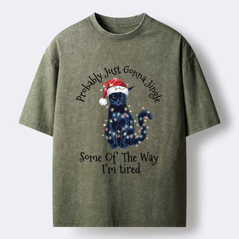 Kyoto-Lion Tired Christmas Cat Meme Washed T-Shirt