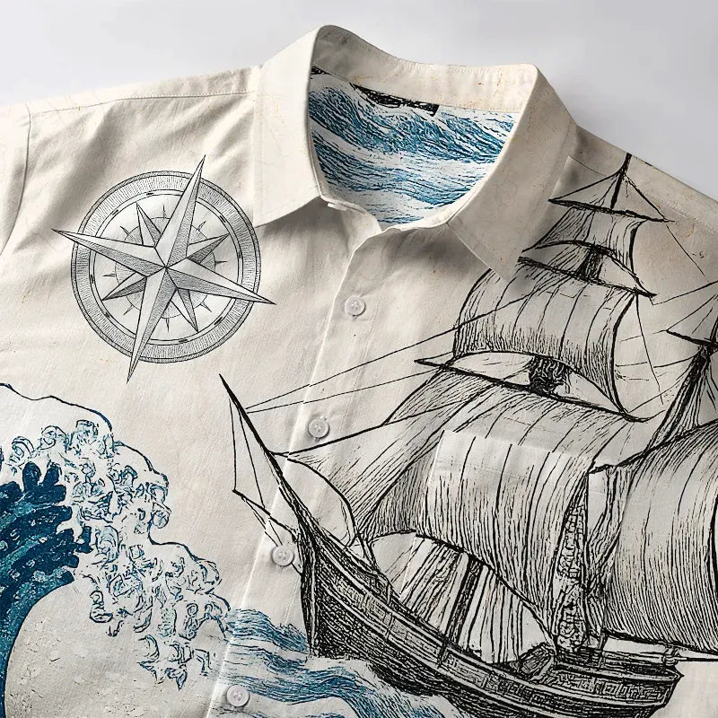 Kyoto-Lion Ship Sailing On Great Waves Button-up Shirt