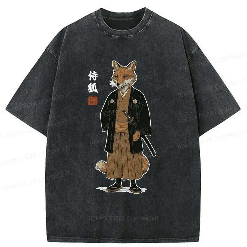 Kyoto-Lion Fox Samurai Japan Washed T-Shirt