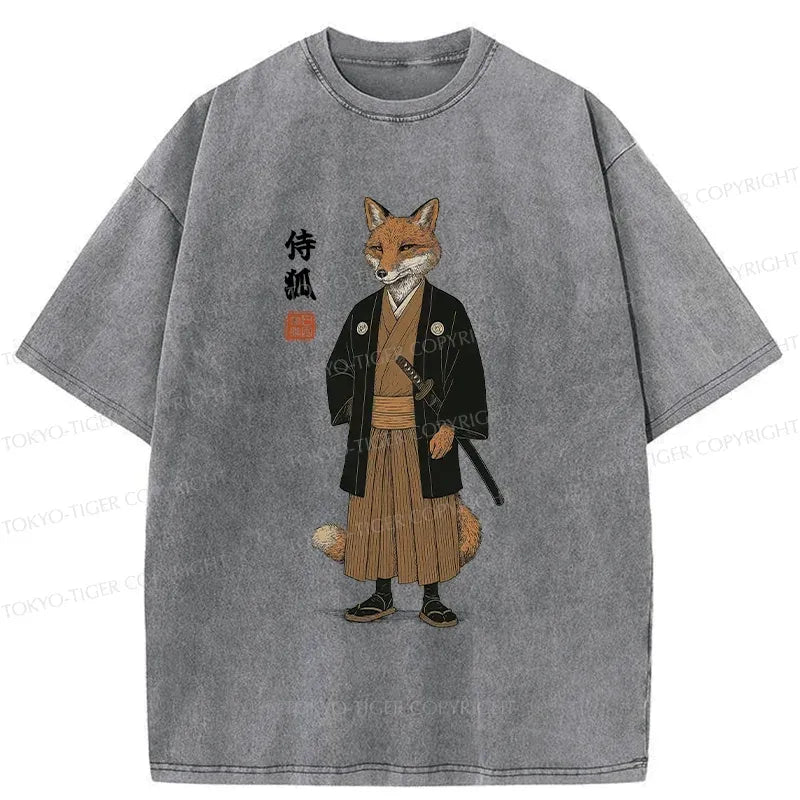 Kyoto-Lion Fox Samurai Japan Washed T-Shirt