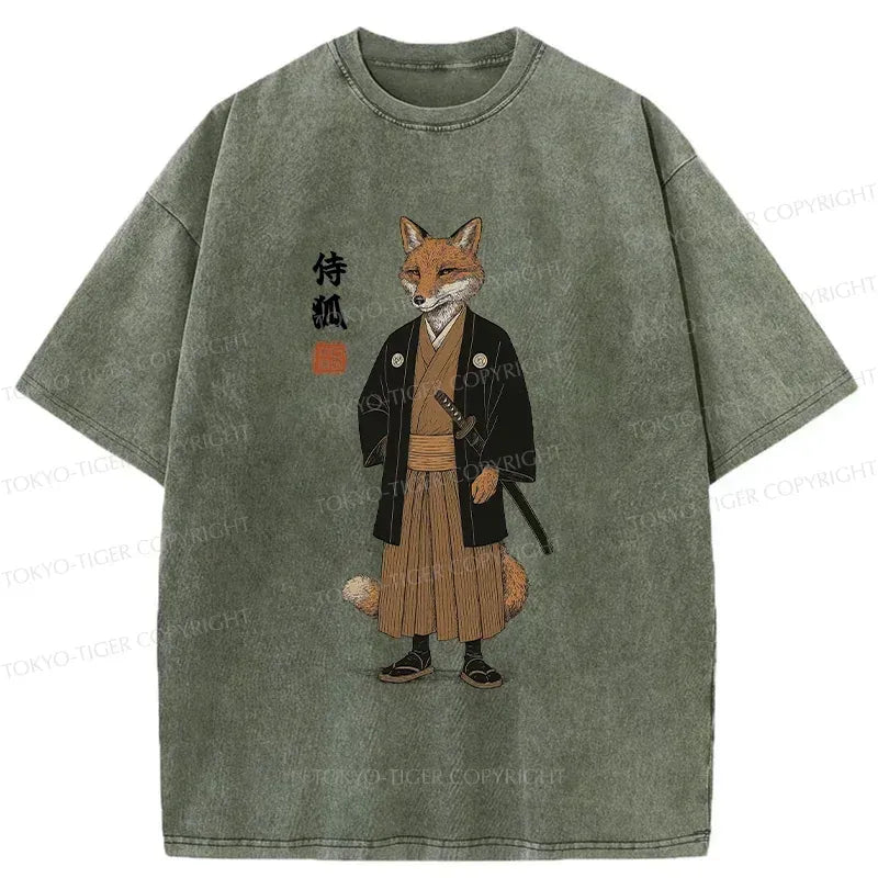 Kyoto-Lion Fox Samurai Japan Washed T-Shirt