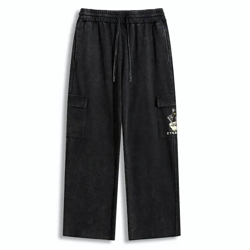 Kyoto-Lion Cats Eat Ramen Noodles Washed Utility Sweatpants