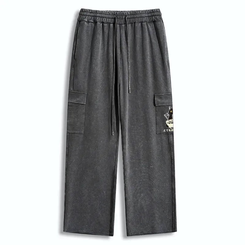 Kyoto-Lion Cats Eat Ramen Noodles Washed Utility Sweatpants