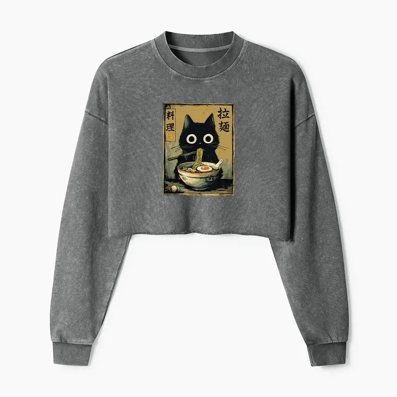 Kyoto-Lion Cute Black Cat Eating Ramen Japan Washed Crop Sweatshirt