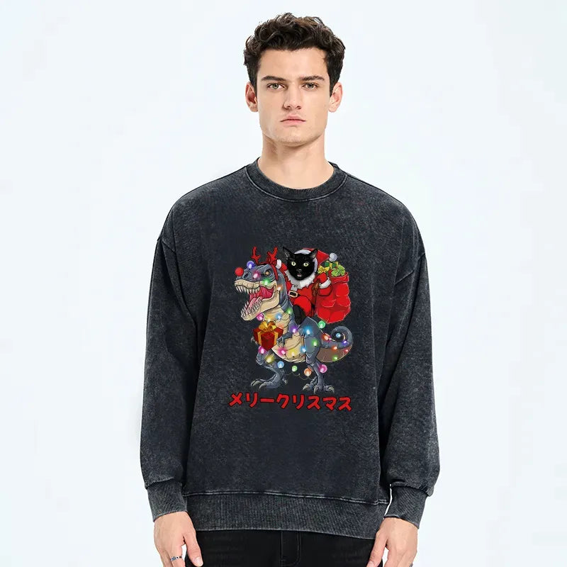 Kyoto-Lion Cat Riding Dinosaur Christmas Washed Sweatshirt
