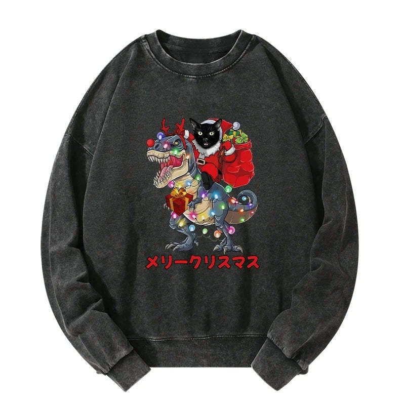 Kyoto-Lion Cat Riding Dinosaur Christmas Washed Sweatshirt