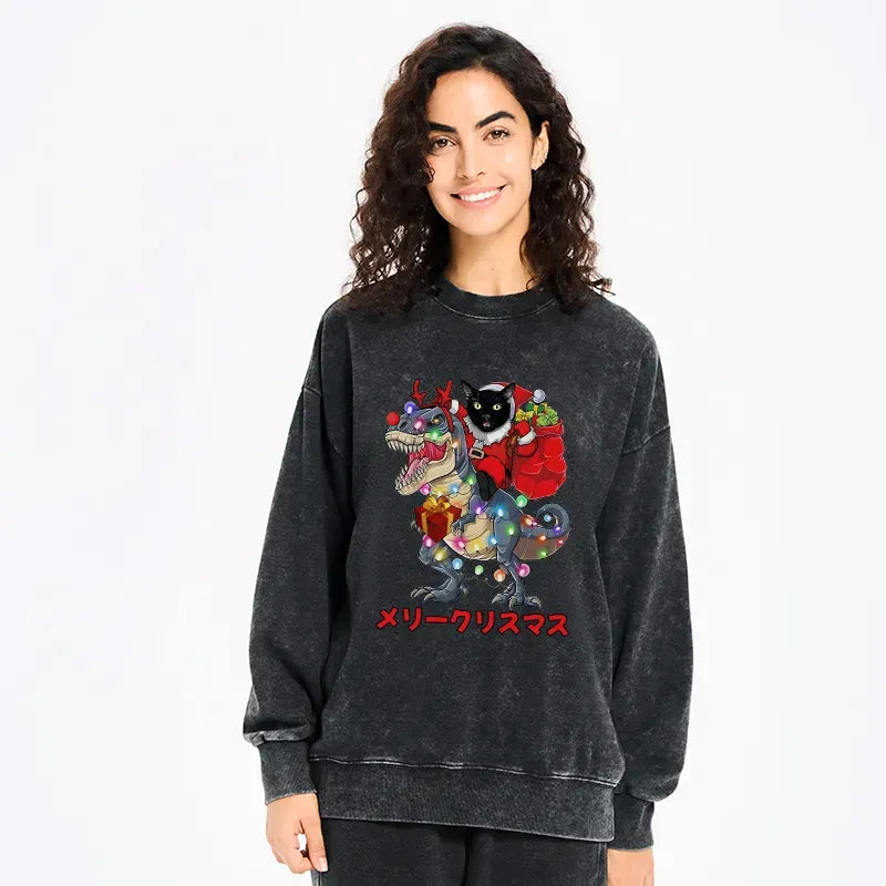 Kyoto-Lion Cat Riding Dinosaur Christmas Washed Sweatshirt