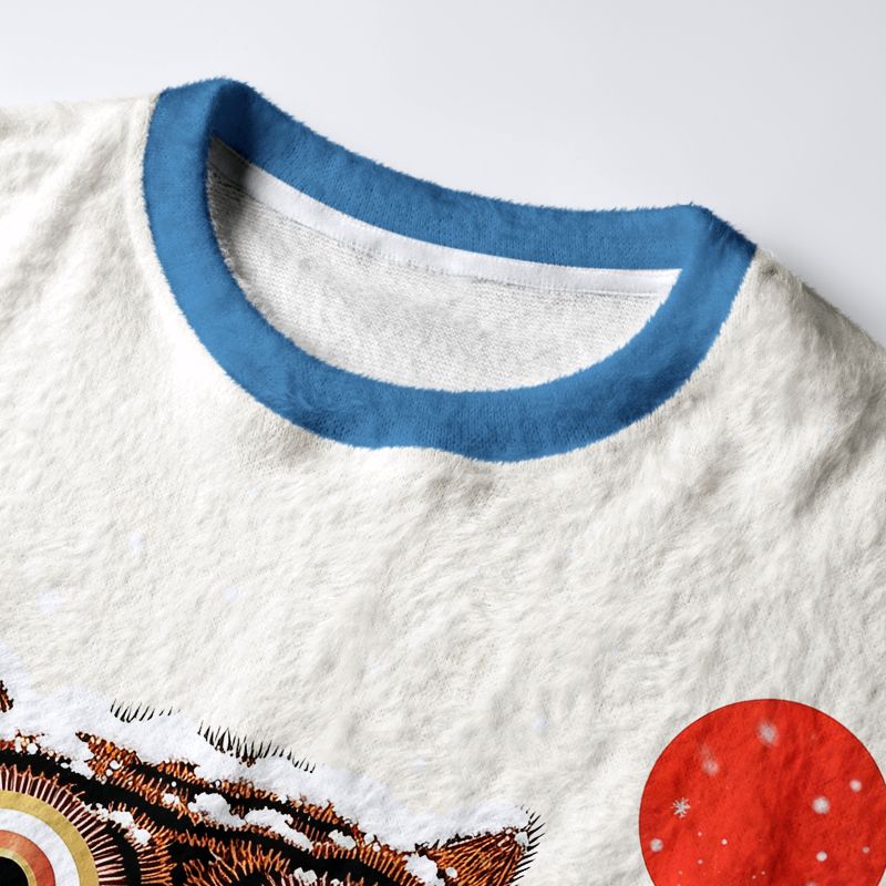 Kyoto-Lion Folk Art Tiger Standing On Waves Fuzzy Christmas Ugly Sweatshirt