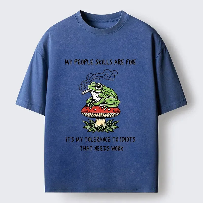 Kyoto-Lion Relax Frog On Red Spotted Mushroom Washed T-Shirt