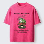 Kyoto-Lion Relax Frog On Red Spotted Mushroom Washed T-Shirt