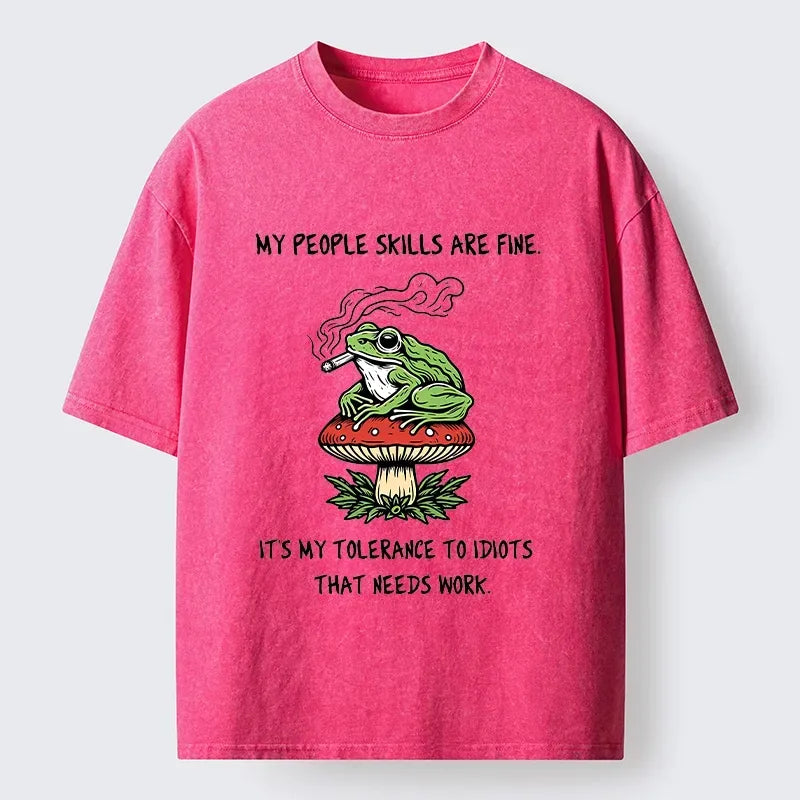 Kyoto-Lion Relax Frog On Red Spotted Mushroom Washed T-Shirt