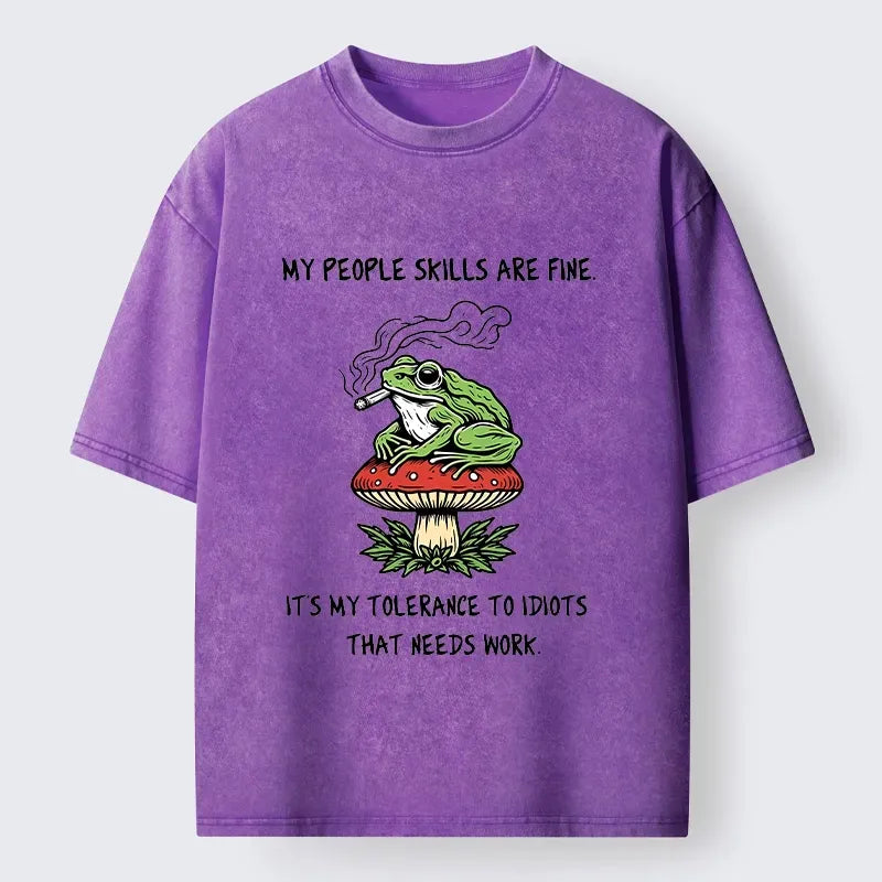 Kyoto-Lion Relax Frog On Red Spotted Mushroom Washed T-Shirt