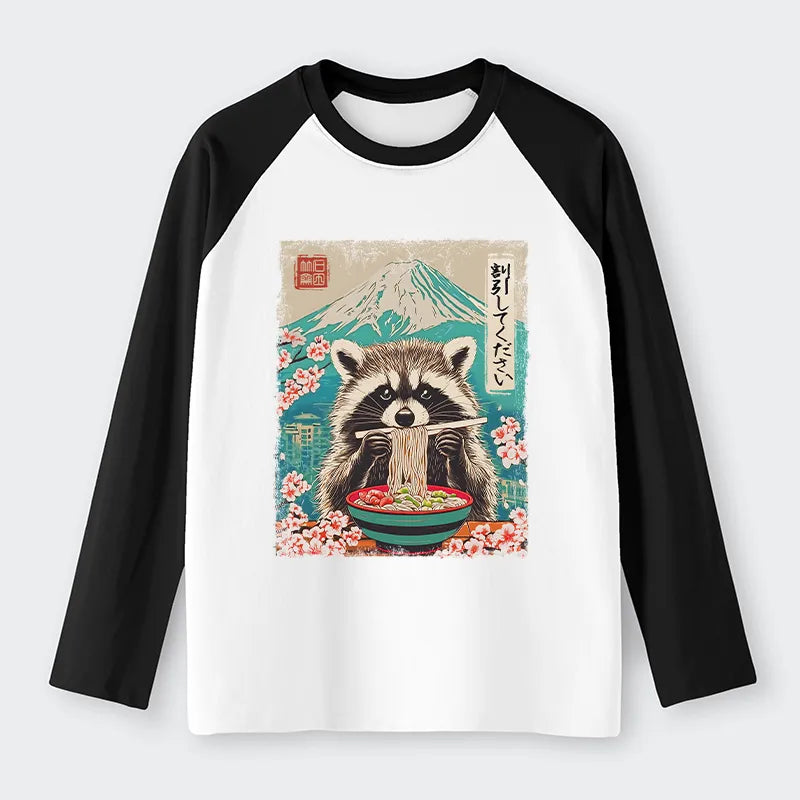 Kyoto-Lion Please Give Raccoon A Discount Raglan Long Sleeve T-shirt