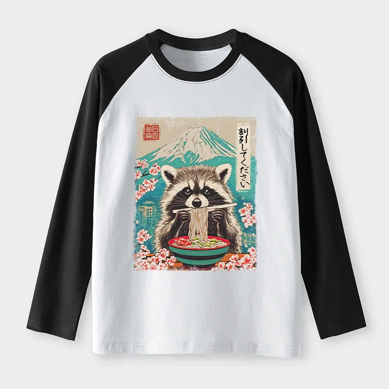 Kyoto-Lion Please Give Raccoon A Discount Raglan Long Sleeve T-shirt
