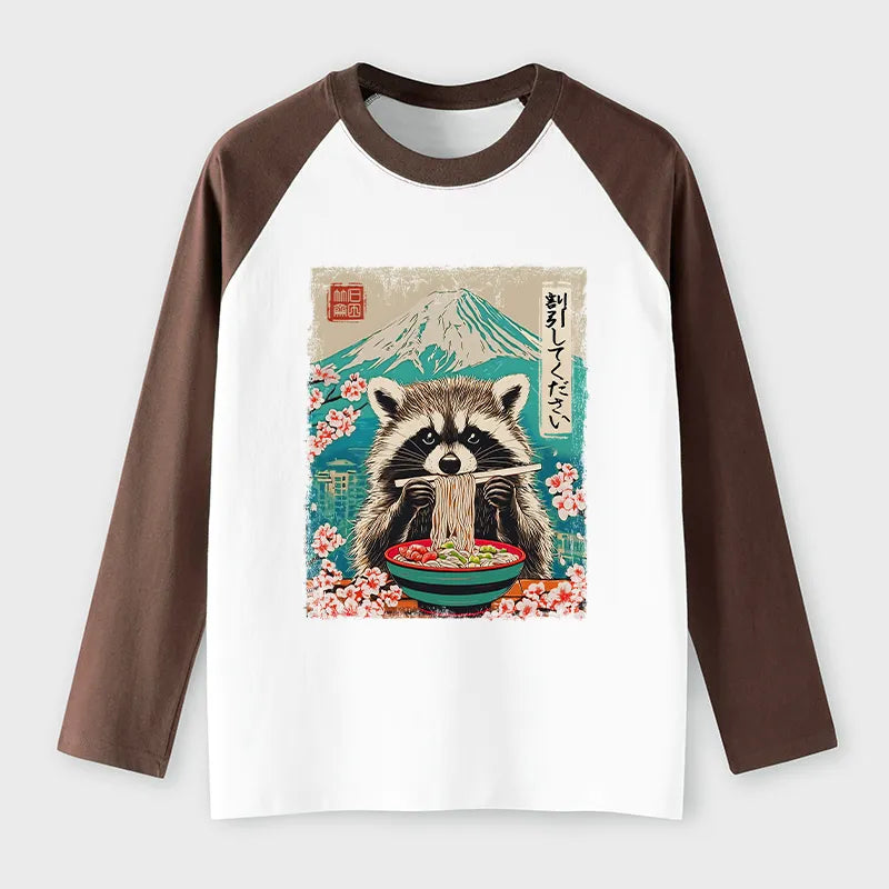 Kyoto-Lion Please Give Raccoon A Discount Raglan Long Sleeve T-shirt