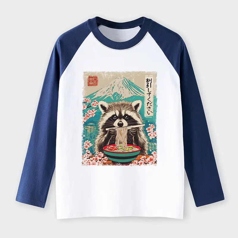 Kyoto-Lion Please Give Raccoon A Discount Raglan Long Sleeve T-shirt