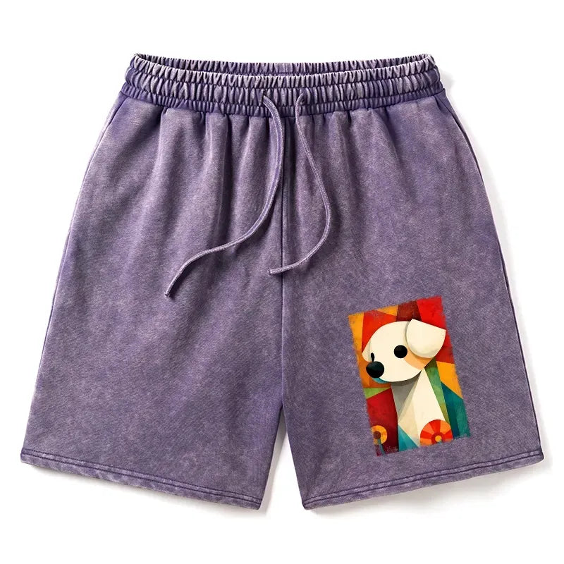Kyoto-Lion Retro Abstract Color Block Puppy Art Washed Shorts