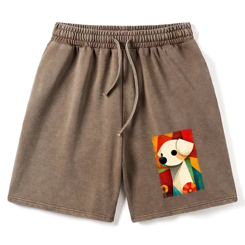 Kyoto-Lion Retro Abstract Color Block Puppy Art Washed Shorts