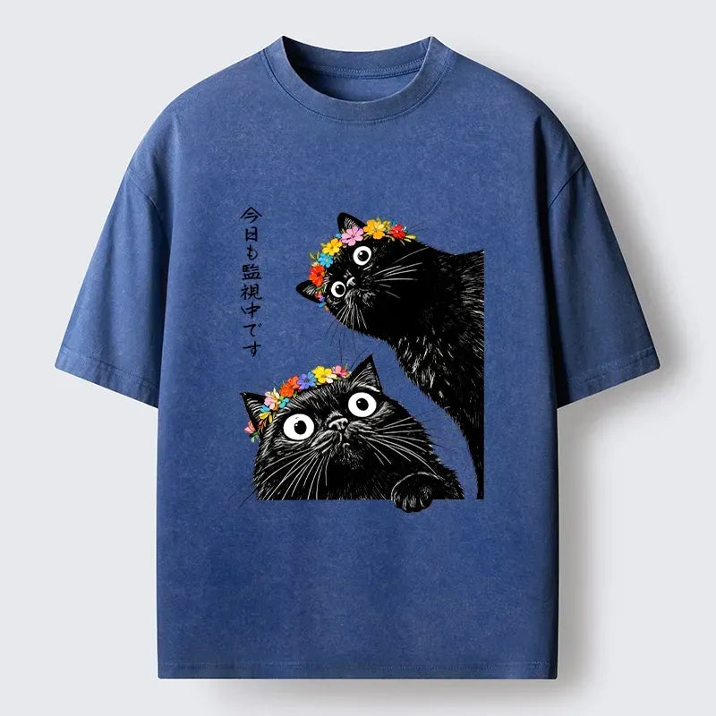 Kyoto-Lion Flower Crown Black Cat Washed T-Shirt