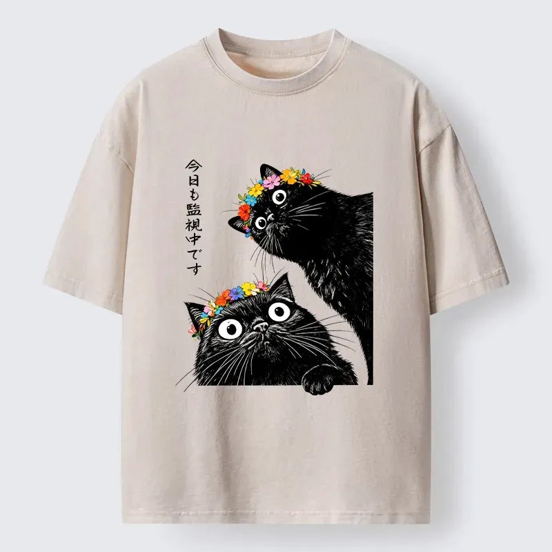 Kyoto-Lion Flower Crown Black Cat Washed T-Shirt