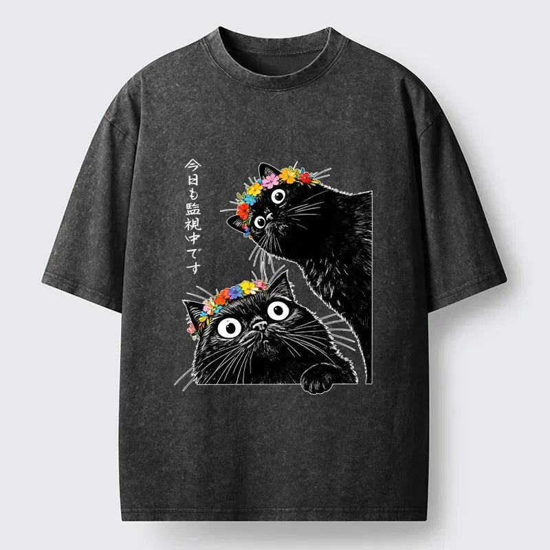 Kyoto-Lion Flower Crown Black Cat Washed T-Shirt
